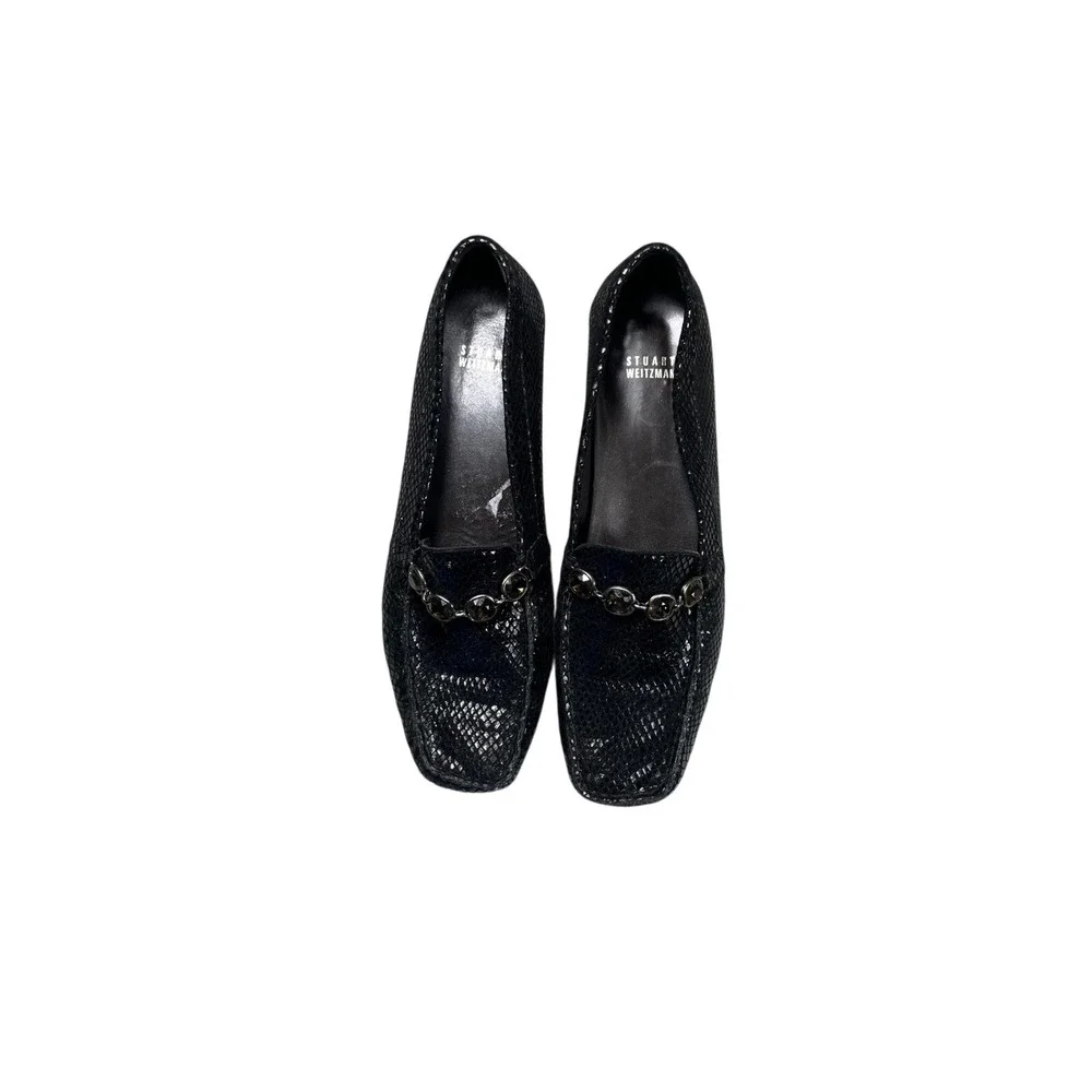 Stuart Weitzman Black Embossed Snake Print Loafers Jeweled‎ Chain Size 7